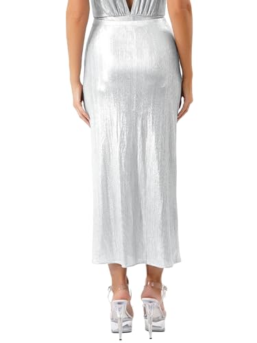 Elastic Waist Shimmering Maxi Skirt for Womens Sequined Embroidery Side Ruched Slit Poolside2