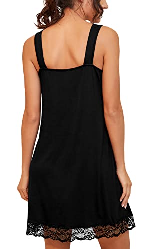 Prinstory Women's Loose Full Slips Lace Nightgown Chemise Sleepwear Cotton Jersey Lingerie Us Small Black #TOP4