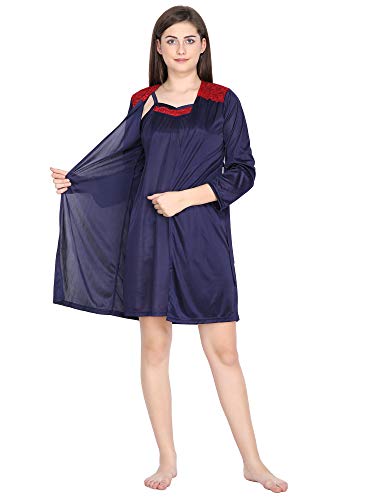 Image of Klamotten Satin Nighty and Robe Two Piece Navy Blue Women Nightdress