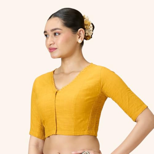 Image of Studio Shringaar Women's Handloom Cotton Side Stretchable (Smocked) Readymade Saree Blouse with Crochet Neckline