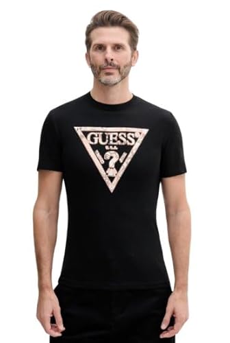 Guess Camiseta Triangular de Manga Corta ecológica para Hombre, Negro Azabache, Large