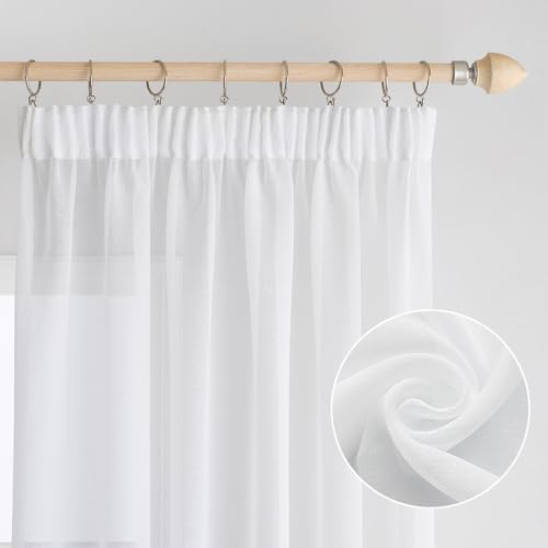 EMEMA Gardinen Vorhang mit Kräuselband 2er Set Sheer Voile Weiß Vorhänge Stores Transparente Gardine für Schienensystem Wohnzimmer Luftig Dekoschal für Schlafzimmer 140 X 245cm(B x H)