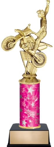 12" Cycle Motorcross Bikes Custom Engraved Pink and Silver Star Column Trophy Awards