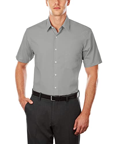 Van Heusen Men's Short Sleeve Dress Shirt Regular Fit Poplin Solid, Grey Stone, 16