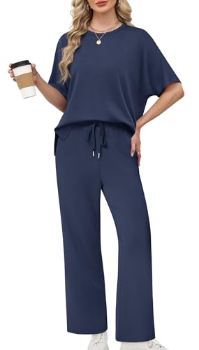 XIEERDUO 2 Piece Outfits for Women Summer Lounge Sets Spring Loungewear Travel Tracksuits Airport Track Suits Vacation Clothes Oversized Sweatsuits Wide Leg Cruise Wear Matching Clothing Navy XXL