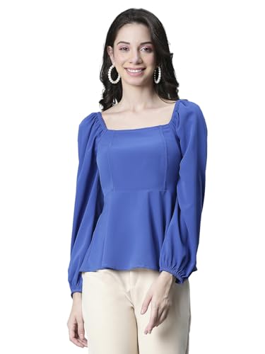 Image of Women Solid Round Neck Elasticated Polka Print Long Sleeve Top