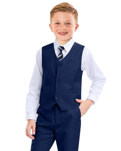 KEYWANTS Boys Navy Suit 4 Pieces Toddler Tuxedo Vest Pants Set Kids Suits for Boys Communion Dress Clothes Wedding Outfit Size 7