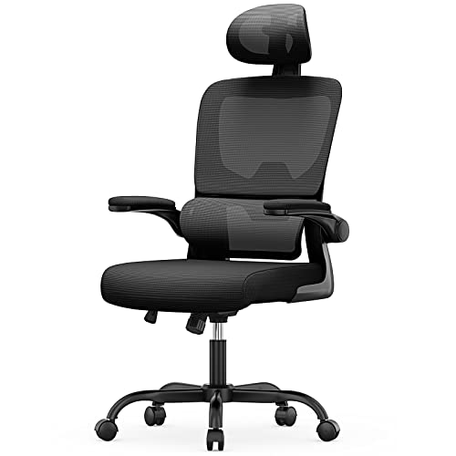 rattantree Office Desk Ergonomic Chairs, Computer Chair with Adjustable Headrest, Swivel Mesh Chairs with Flip-up Armrests, High Back Work/Study PC Chair (Upgraded Backrest, Black-1)