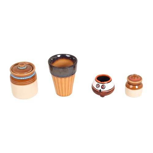 Image of AAKRITI ART CREATIONS Heritage Flavor Kit with Tray | Set of 4 Ceramic Achar ki Barni & Mukhwas Box | Includes Glass, Toothpick Holder, Salt & Pepper Shakers & Spoons