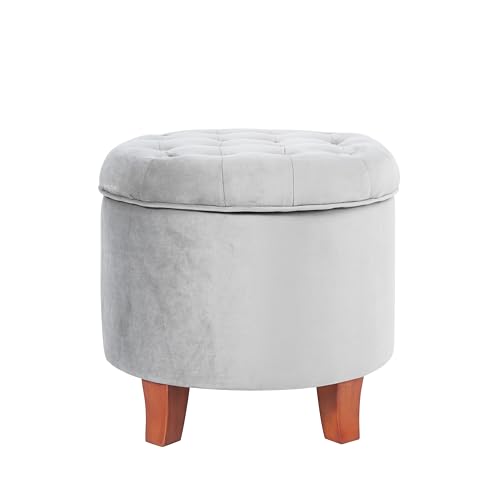 Homepop Home Decor | Upholstered Round Velvet Tufted Foot Rest Ottoman | Ottoman with Storage for Living Room & Bedroom | Decorative Home Furniture, Gray Small