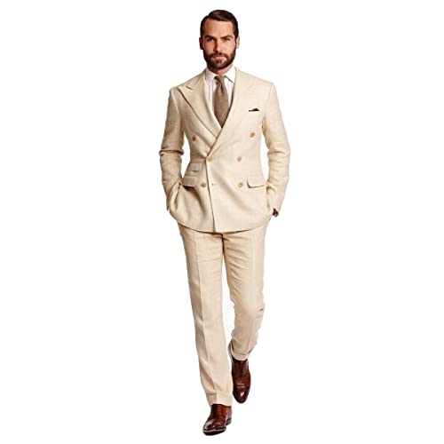 Double Breasted Men's 2 Pieces Beige Linen Tuxedos Prom Business Casual Suits Blazer Pants