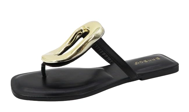 Bamboo Women's Thong Square Toe Round Ornament Accent Flat Sandals
