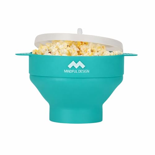 Image of The Original Mindful Design Collapsible Microwave Popcorn Popper - Silicone Bowl, BPA-Free & Dishwasher Safe (Cyan)