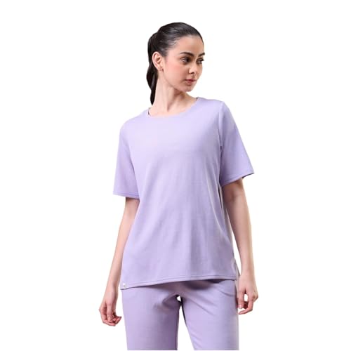 Image of TECHNOSPORT Women Relaxed Fit Cubic Melange Round Neck T-Shirt | Quick Dry Polyester Casual Tee with UPF 50+ UV Protection, Anti-Microbial & Double Cool Technology