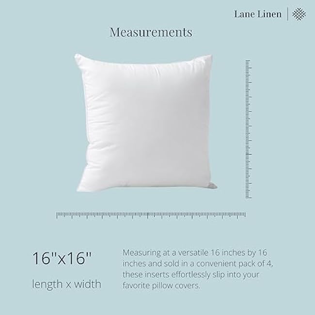 LANE LINEN 16x16 Throw Pillow Insert - Set of 4 White Inserts for Decorative Pillow Covers for Bed, Decorative Pillows for Bed, Couch Pillows, Throw Pillows for Couch