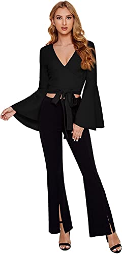 Image of TASHVIKA'S Women's Long Sleeve V Neck Tie Knot Wrap Blouse Top