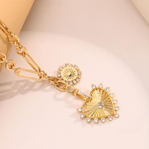 Chunky Gold Heart Necklaces for Women 18K Gold Plated Charm Necklace Sun Pendant Chain Jewelry.4