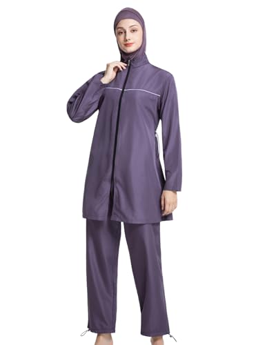 Sthxyfaith Women Muslim Full Coverage Modest Islamic Hijab Swimwear Burkini Long Sleeve Muslim Dress Top Pants Set 3PCS Sun Protection Rash Guard Fat Bathing Suits Plus Size Swimsuits Purple XX-Large
