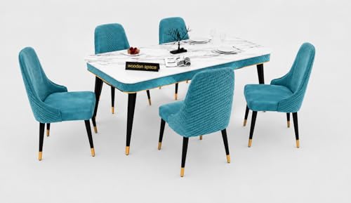 Image of WOODEN SPACE 6-Seater Wooden Dining Table Set | Nano Composite Marble Top | Solid Wood Base | Modern Dining Room Furniture with 6 Chairs (Sky Blue Vento)