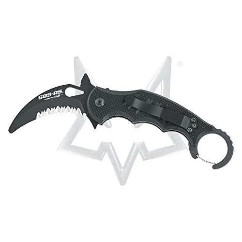 FOX-Knives Nóż ratowniczy Karambit z częściowo ząbkowanym ostrzem, blokada ostrza, uchwyt G10, klips do paska, art. FX-599 RS
