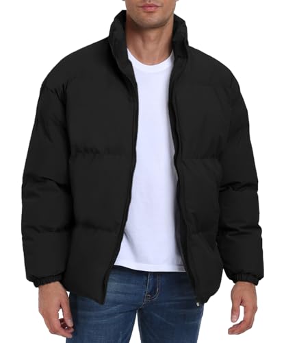 PEGENO Mens Winter Padded Jacket Full Zipper Bread Jacket Stand Collar Windproof Coat,Black,XL