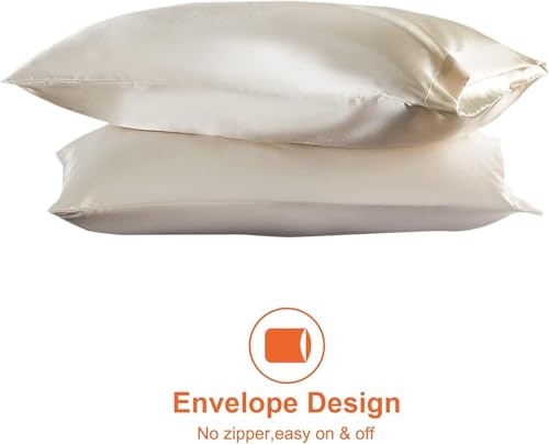 Image of Satin Pillow Covers Set of 2 - Soft & Smooth Pillowcases for Hair & Skin Care | Envelope Closure | Includes 3 Free Random Color Scrunchies | Frizz-Free Sleep Essentials (Beige)