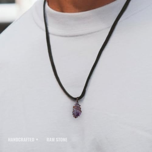 Men's Large Raw Gemstone Pendant Necklace – Antique Bronze Wire Wrap, Birthstone Collection, 24" Black Leather Cord, Handcrafted in North America - Image 3