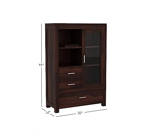 Image of Credenza Solid Sheesham Wood Cupboard with Glass Door & 3 Drawers | Wooden Storage Cabinet & Book Rack for Living Room & Study | Handcrafted Bookshelf | Walnut Finish | Pre-Assembled