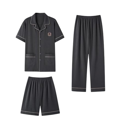 Xiaojmake Men's Cotton Pajama Set 3 Pieces Textured Sleepwear Classic Short-Sleeve Pjs Sets Long Pants & Shorts with Pockets
