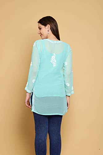 Image of Ada Women's & Girl's Georgette Hand Embroidered Lucknow Chikankari Regular Fit Short Kurti Top with Slip A911300