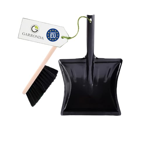 Garronda Juego de Escoba y Recogedor Metálico – Cepillo Madera y Pala de Mano Resistente para Cenizas, Polvo y Suciedad, Set para Limpieza Hogar y Jardín GD-0172 (Negro + Negro)