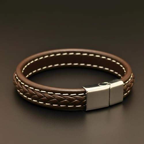 Image of THE MEN THING Leather Bracelet for Men - American Style Genuine Leather Multi-Layer Braided Bracelet with 100% Stainless Steel Magnetic Buckle for Men & Boys (8 inch)