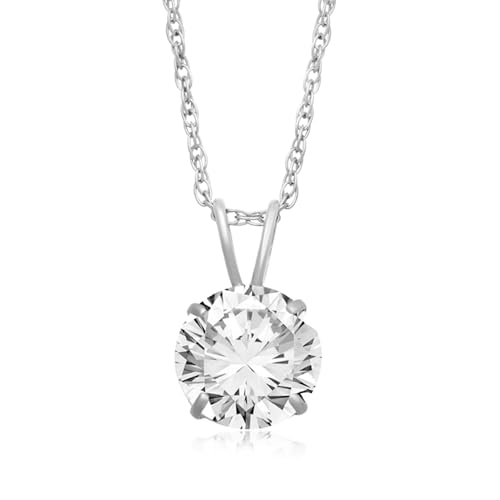 Jewelili 10K White Gold Solitaire Pendant Necklace for Women | Dainty Round Cut White Cubic Zirconia Gold Necklace 8.0MM (2.0 CTW) | 18