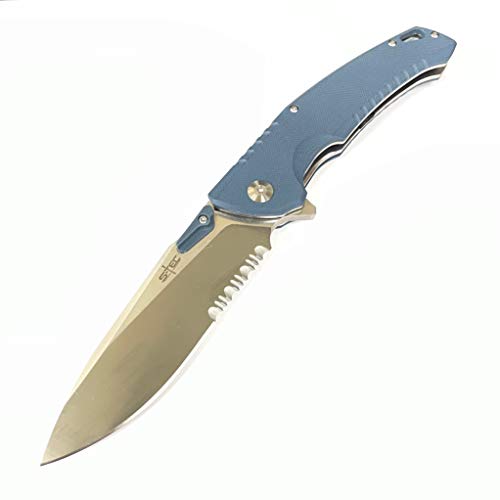 S-Tec Ts011 Edc Pocket Knife, 8Cr14 Stainless Steel, G10 Handle, Lanyard Hole, Hunting Outdoor Sport, (Hellcat Blue G10 W/Half Serrated) #TOP3