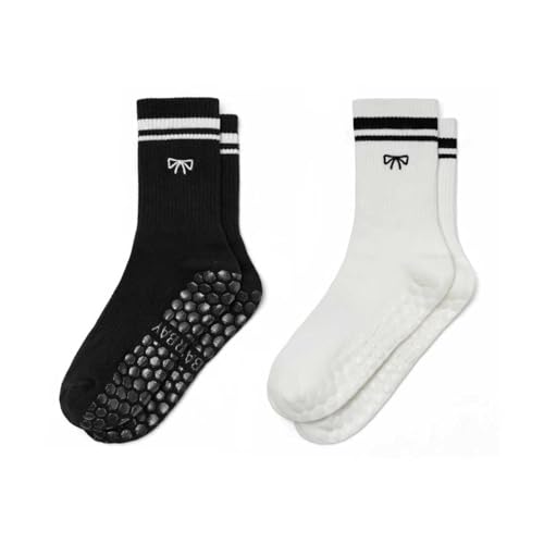Image of Non-Slip Pilates Yoga Socks for Women Cotton Crew Striped Bow Embroidery for Barre Ballet Dance Workout