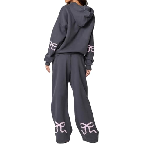 DSORVICD 2 Piece Sweatsuits for Women Long Sleeve Bow Print Hoodie Sweatshirt and Sweatpant Set Matching Tracksuit (A01-hoodie black, S)
