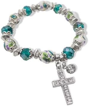 Nazareth Store Rosary Bracelet Christian Charm Crystallized Green Beads Decorated With Flowers and Silver Cross