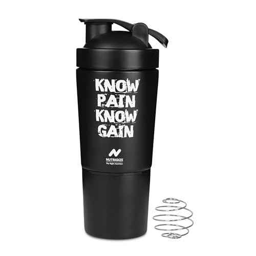 Image of Stainless Steel Shaker Bottle for Protein, 590ml Water Bottle with Extra Compartment | Leak-Proof, BPA-Free, Durable, and Multi-Functional for Protein Shakes (Black)