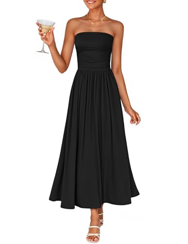 ZESICA Womens Summer Sleeveless Midi Dress 2026 Strapless Ruched A Line Flowy Wedding Guest Party Beach Long Dresses Black Small