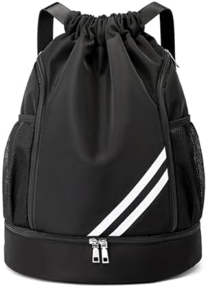 ChuLian Drawstring Backpack Water Resistant Sports Gym Bag with Shoes Compartment Drawstring Bags Swim Bags for Men Women Black