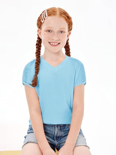 Image of Haloumoning Girls V Neck T-Shirts Kids Summer Swiss Dot Short Sleeve Tops Cute Fashion Tees 5-14 Years