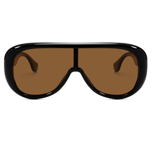 VANLINKER Oversized Aviator Square Sunglasses Womens Men Trendy One-Piece Polarized Lens Retro Futuristic Mask Shades VL9888 Black Frame Brown Lens