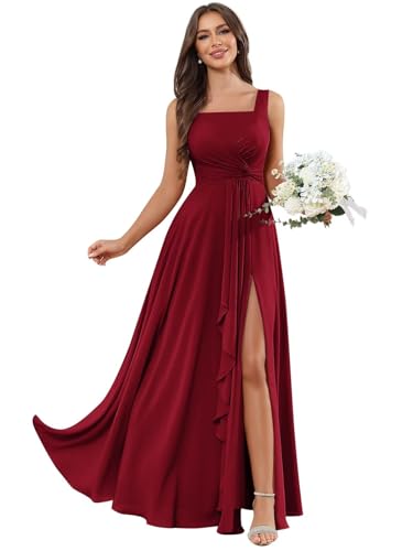OFEECHUN Women's Square Neck Chiffon Bridesmaid Dress Long Pleated A Line Formal Evening Gown with Slit