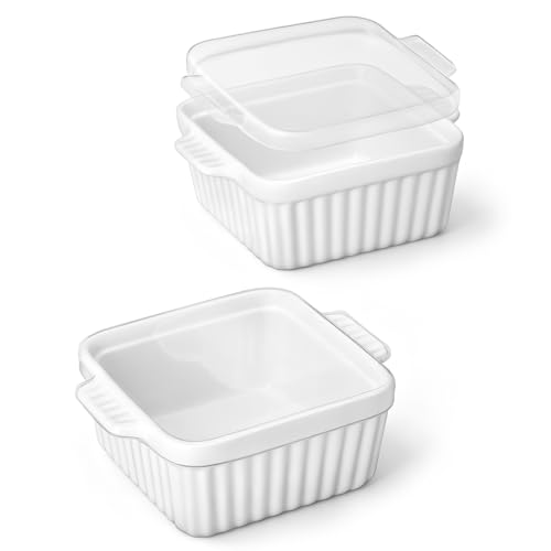 MALACASA Baking Dishes for Oven Small Ceramic Baking Dishes with Silicone Lids for Individual Portions 5.5 x 5.5 Square Casserole Dishes Set of 2 Oven Microwave and Air Fryer Safe White