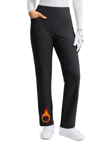 Fleece Lined Golf Pants for Women with 2 Pockets Slim Fit Pants, Black, L