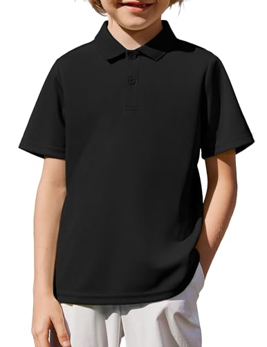 Arshiner Jungen Polohemd Kurzarm Kinder Poloshirt Schule Elegant Herbst Oberteil Weiches Elastisches Shirt mit Knopfleiste & Brusttasche Schwarz 11-12 Jahre