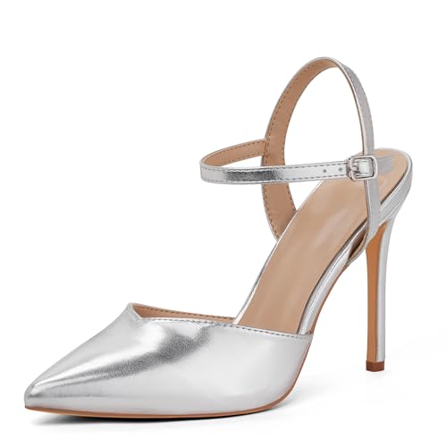 GENSHUO Elegantes Tacones Altos con Punta Puntiaguda y Stiletto de 10 cm, Zapatos de Mujer Sexy con Correa en el Tobillo para la Noche, PU Plateado, 39 EU GENSHUO Elegantes Tacones Altos con Punta Puntiaguda y Stiletto de 10 cm, Zapatos de Mujer Sexy con Correa en el Tobillo para la Noche, PU Plateado, 39 EU