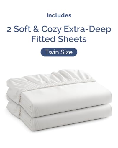 Image of 2 Pack Extra Deep Twin Fitted Sheets with Extra Deep Pockets - White | Hotel Luxury Bottom Fitted Sheets Only, Soft, Fade & Wrinkle Free, Breathable & Comfy, All Around Elastic Fitted Sheets