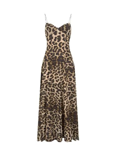 Image of Women Elegant Leopard Spaghetti Strap Maxi Dress Summer Backless Sexy Slip Long Dresses