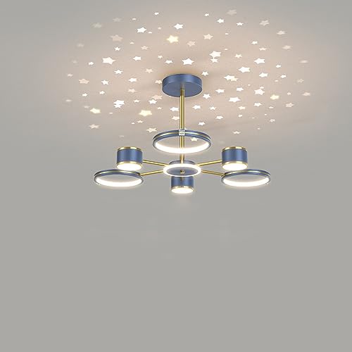Chandelier LED dimmable design anneau moderne or et bleu pour salon